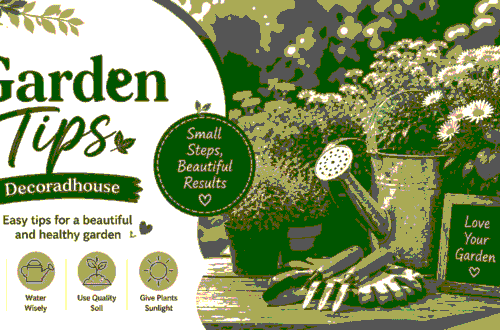 arden tips with colorful flowers, gardening tools, lush green plants, and Decoradhouse branding banner.