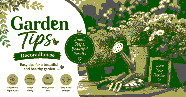 arden tips with colorful flowers, gardening tools, lush green plants, and Decoradhouse branding banner.
